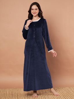 Secret Wish - Navy Blue Solid Velvet Winter Night Dress