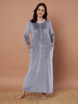 Secret Wish - Grey Solid Velvet Winter Night Dress