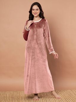 Secret Wish - Pink Solid Velvet Winter Night Dress