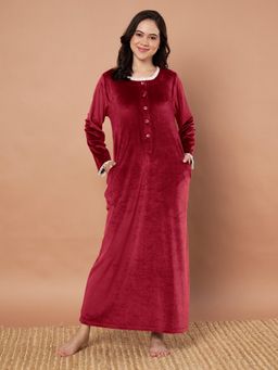 Secret Wish - Maroon Solid Velvet Winter Night Dress