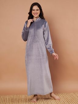 Secret Wish - Grey Solid Velvet Winter Night Dress