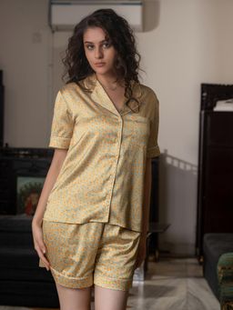 Slumber Jill - Mustard Bloom Button Down Shirt with Shorts