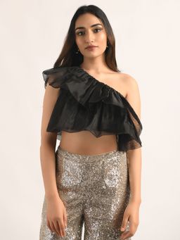 Attic Salt - Black Solid-Plain Dual Ruffle Organza Crop Top