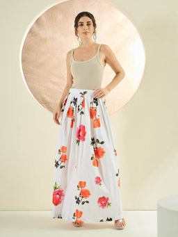 First Resort by Ramola Bachchan - White And Orange Floral Long Skirt