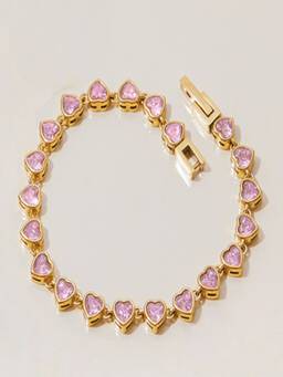 AQUASTREET - Pink Zircon Heart Tennis Bracelet Anti-Tarnish Waterproof 18K Gold Plated Women