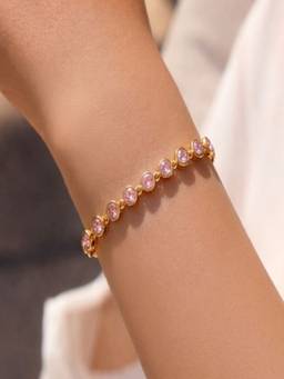AQUASTREET - Round Pink Zircon Tennis Bracelet Anti-Tarnish Waterproof 18K Gold Plated for Women