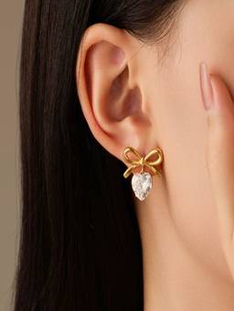 AQUASTREET - Bow Zircon Drop Earrings Anti-Tarnish Waterproof 18K Gold Plated for Women