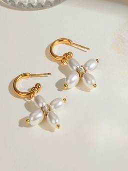 AQUASTREET - Floral Cross Pearl Drop Earrings Anti-Tarnish Waterproof 18K Gold Plated for Women