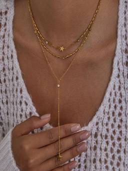 AQUASTREET - Bead Layered Star Lariat Necklace Anti-Tarnish Waterproof 18K Gold Plated for Women