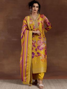 Libas - Women Mustard Silk Blend Floral Kurta with Pant and Dupatta (Set of 3)