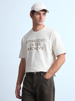 Flying Machine - White Embroidered Relaxed Fit T-Shirt