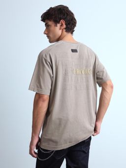 Flying Machine - Beige Embroidered Relaxed Fit T-Shirt