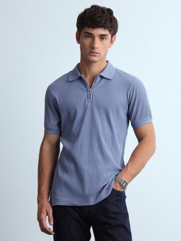Flying Machine - Blue Textured Regular Fit Polo T-Shirt