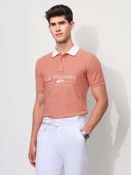 U.S. POLO ASSN. - Peach Embroidered Slim Fit Polo T-Shirt