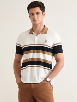 U.S. POLO ASSN. - Beige Stripes Slim Fit Polo T-Shirt