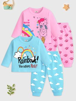 Kuchipoo - Multi-Color Girl Regular Fit Cotton T-Shirts And Pyjama (Pack of 4)