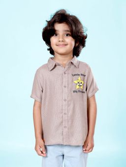 KiddoPanti - Beige Boys Cotton Woven Half Sleeves Star Puff Printed Shirt