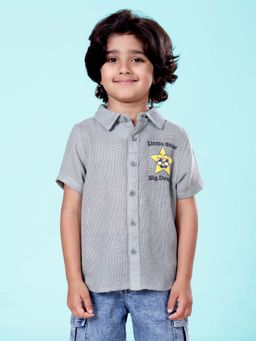 KiddoPanti - Green Boys Cotton Woven Half Sleeves Star Puff Printed Shirt