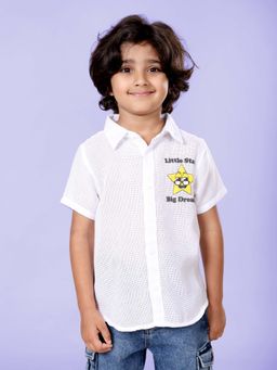 KiddoPanti - White Boys Cotton Woven Half Sleeves Star Puff Printed Shirt