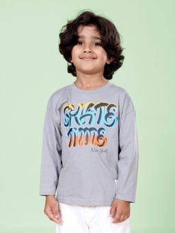 KiddoPanti - Boys Cotton Knit Full Sleeves Skate Time Printed Round Neck Tee