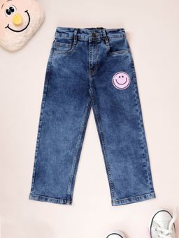 KiddoPanti - Girls Denim Woven Smiley Sequin Straight Fit Solid Jeans