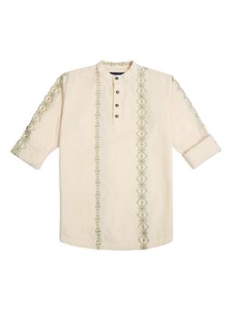CHARCHIT - Cream Boys Cotton Casual Embroidered Regular Short Kurta Shirt