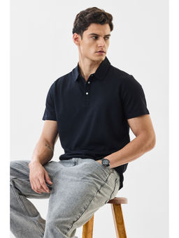 Snitch - Navy Blue Ribbed Half Sleeves Regular Casual Polo T-Shirt