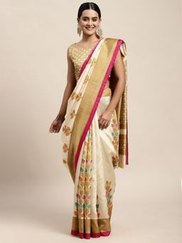 Odette - Silk Blend Beige Printed Saree with Unstitched Blouse