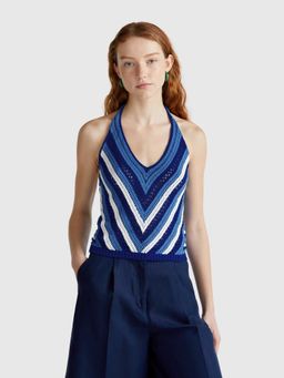 United Colors of Benetton - Blue Cotton Blend Sleeveless Halter Neck Textured Top