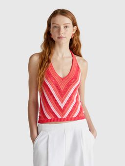 United Colors of Benetton - Multi-Color Cotton Blend Sleeveless Halter Neck Textured Top