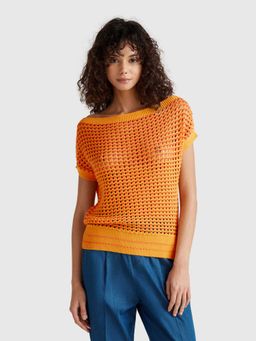 United Colors of Benetton - Orange Pure Cotton Half Sleeves Boat Neck Textured Top