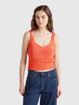 United Colors of Benetton - Orange Pure Cotton Sleeveless Shoulder Straps Textured Crop Top