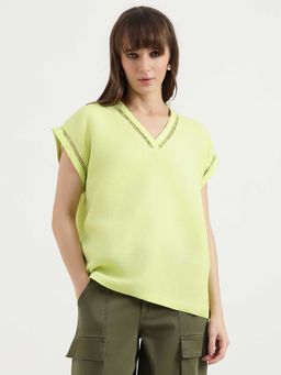 United Colors of Benetton - Green Linen Half Sleeves V-Neck Solid Top