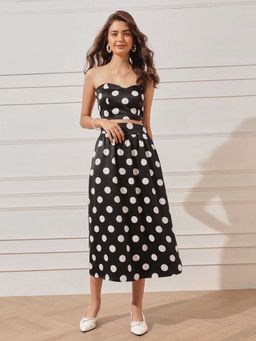 STREET 9 - Black Polyester Sleeveless Polka Dots Crop Top with Skirt
