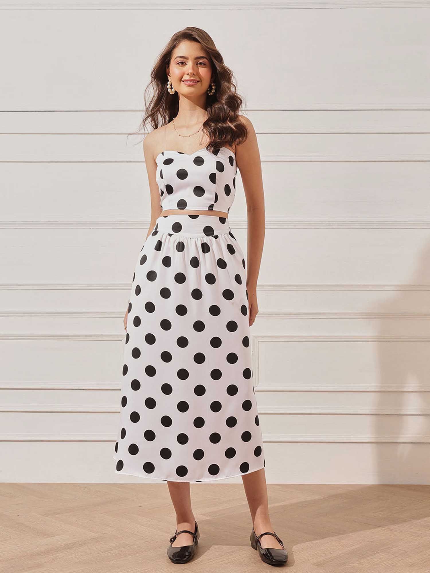 street 9 White Polyester Sleeveless Polka Dots Crop Top with Skirt-picture-34