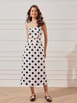 STREET 9 - White Polyester Sleeveless Polka Dots Crop Top with Skirt