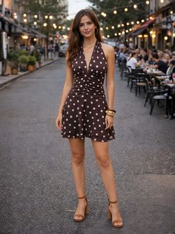 Don’t be basic - Brown Polyester Sleeveless Flared Halter Neck Mini Dress