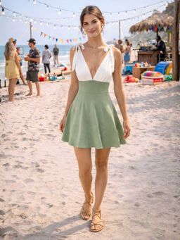 Don’t be basic - Green Polyester Sleeveless Flared Tie Up Neck Mini Dress