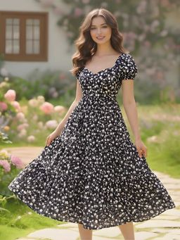 Sera - Black Viscose Rayon Half Sleeves Flared Sweetheart Midi Dress