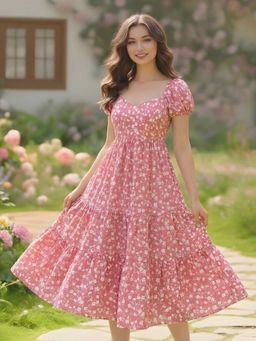 Sera - Pink Viscose Rayon Half Sleeves Flared Sweetheart Midi Dress