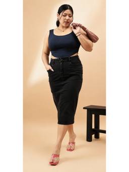 Tripursundari Fashion - Women's Denim Solid Black Midi Skirt