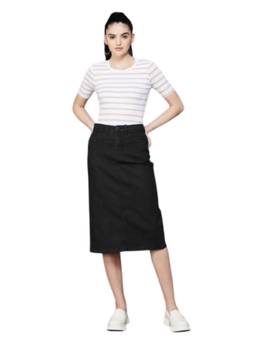 Tripursundari Fashion - Women's Solid Denim Black Midi Skirt
