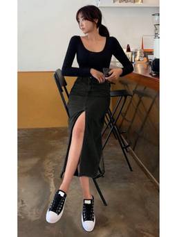Tripursundari Fashion - Women Denim Solid Black Maxi Skirt