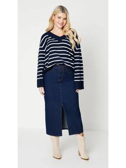 Tripursundari Fashion - Women's Solid Denim Navy Blue Midi Skirt