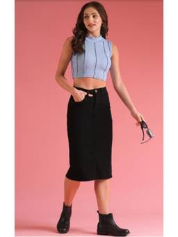 Tripursundari Fashion - Women's Black Denim Solid Midi Skirt