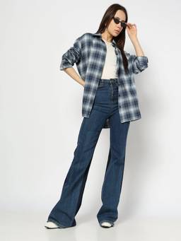 GAP - Women's Cotton Relaxed Fit Checks Blue Shirt