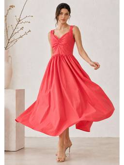 Lounge Dreams - Women Cotton Peach Solid Midi Dress