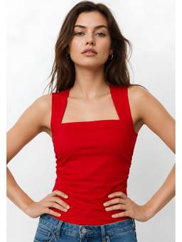 Lounge Dreams - Women Red Solid Square Neck Cotton Top