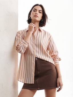 Outzidr - Women's Polyester Blend Regular Fit Stripes Peach Shirt