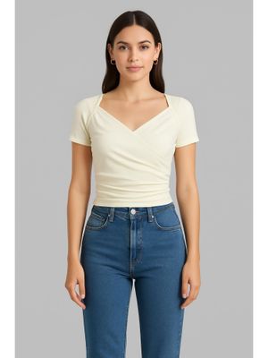 Cider Beige Jersey Sweetheart Neck Short Sleeve Top